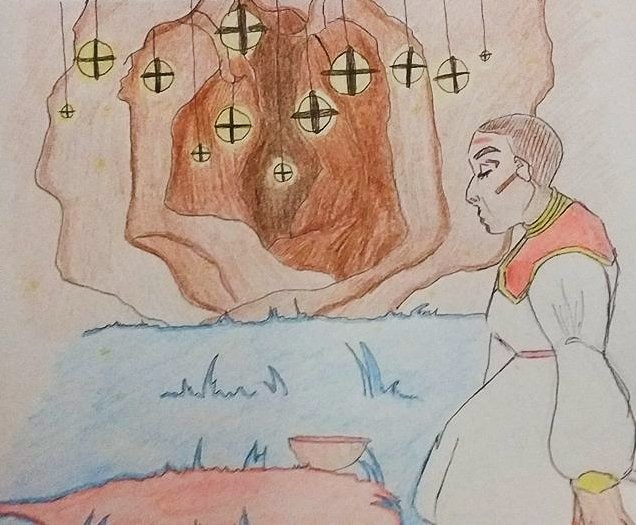 Image of a drawing of a man kneeling on grass by a cave with yellow balls hanging from the ceiling