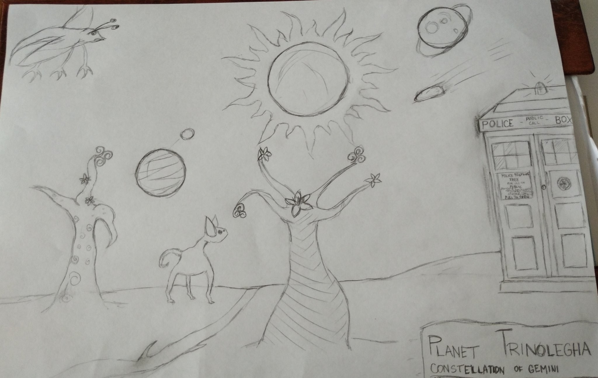 Image of a pencil drawing of an alien planet with alien trees, animals, planets in the sky and the TARDIS