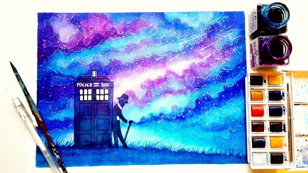 Image of a painting of the TARDIS against a blue and purple sky