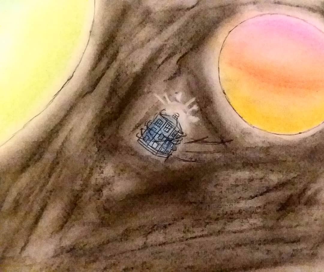 Image of a painting of the TARDIS on a brown background with a yellow planet on the left and an orange planet on the right