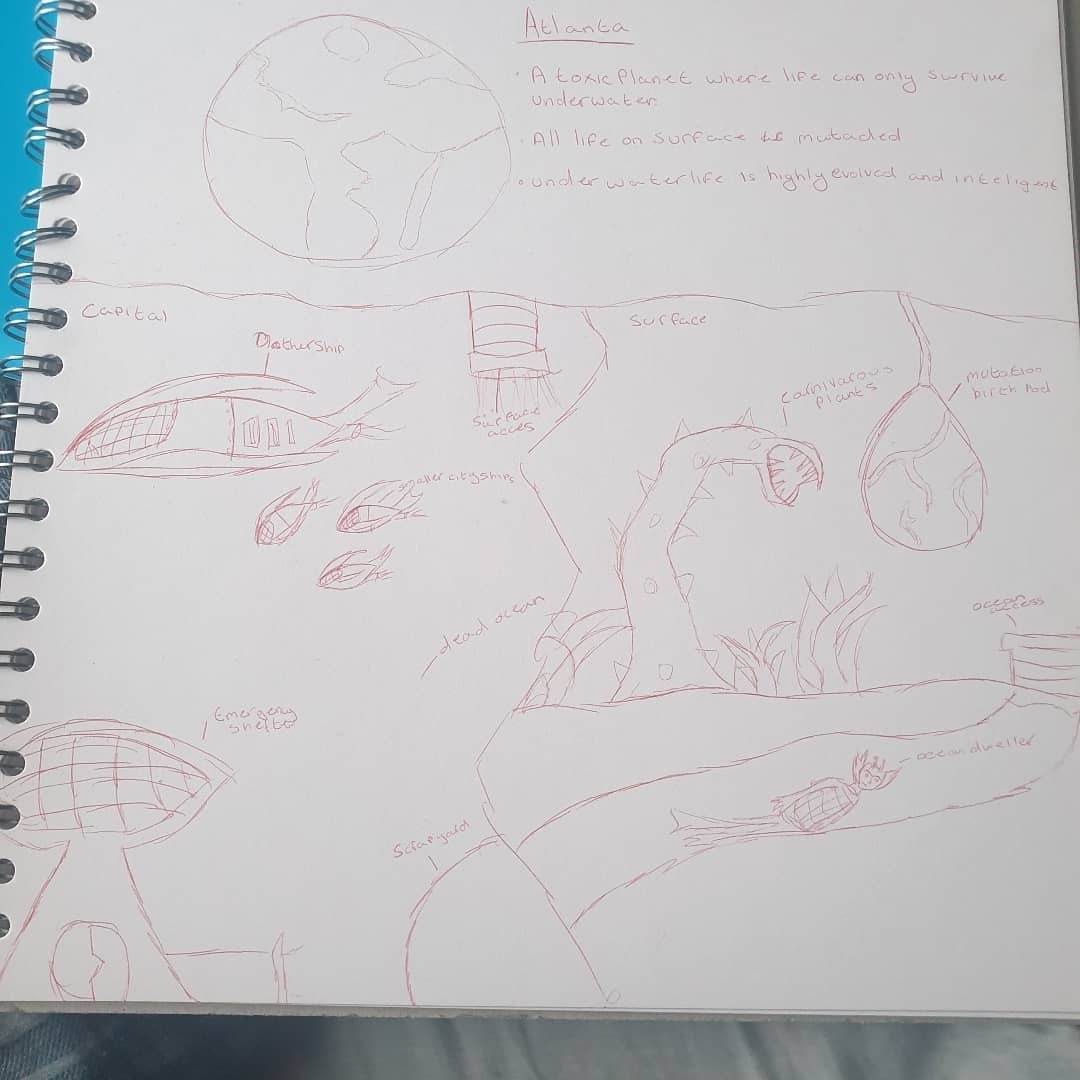 Image of a drawing in red pen of the planet Atlanta with facts about it with spaceships and carniverous planets below it