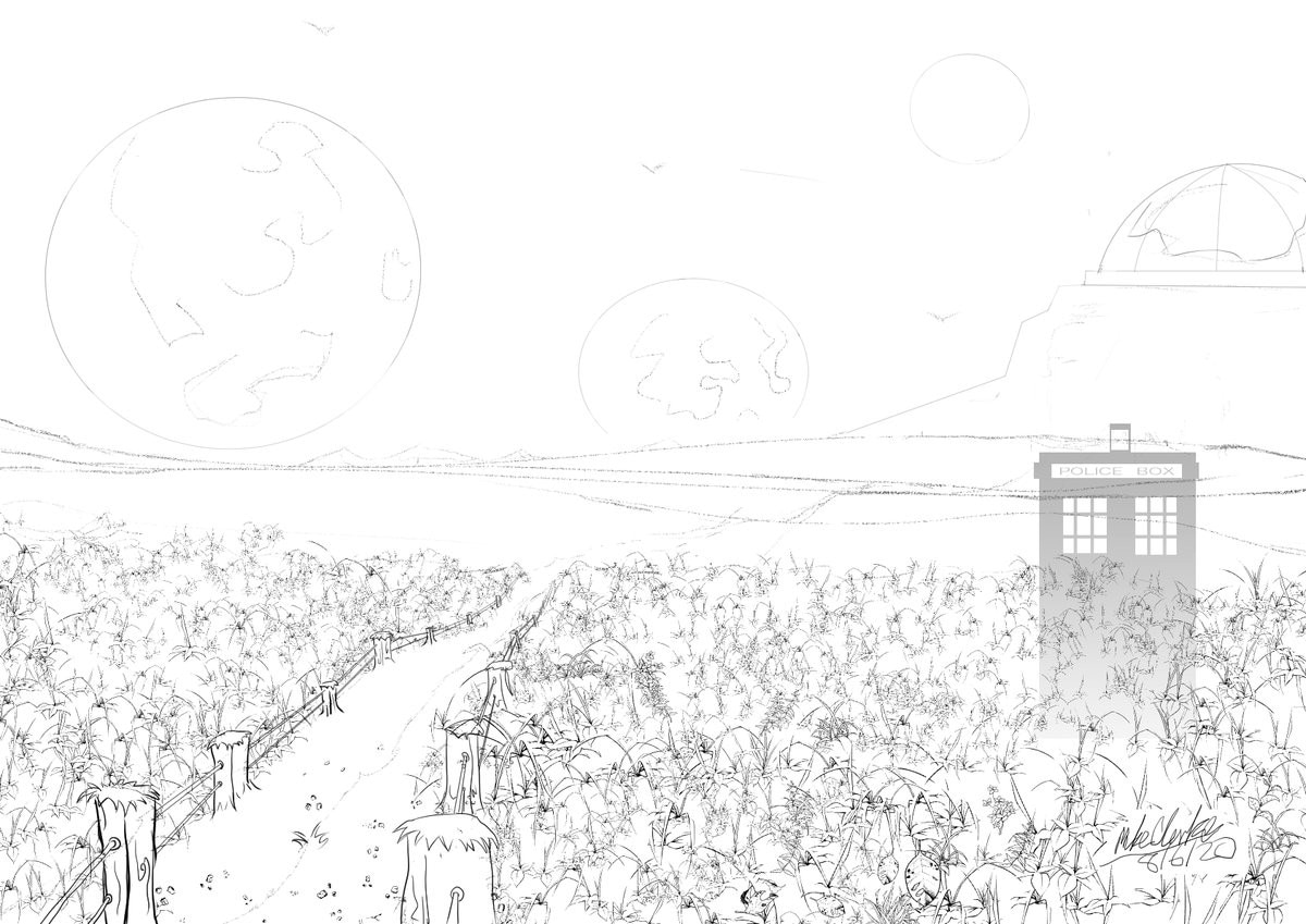Image of a black and white drawing of the TARDIS in a field with 3 planets in the sky