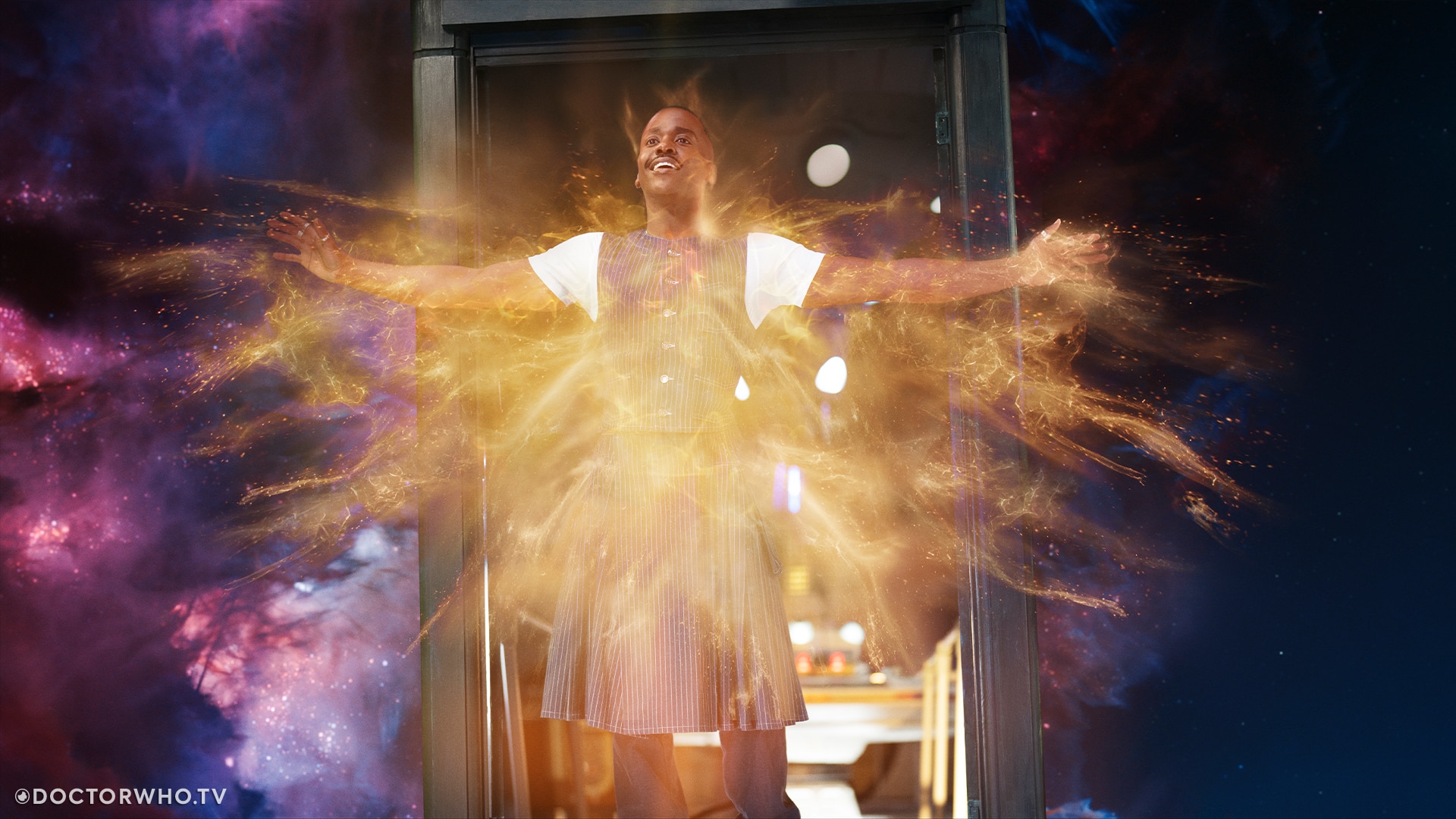 The Fifteenth Doctor regenerates in the TARDIS doorway in 'The Reality War'.