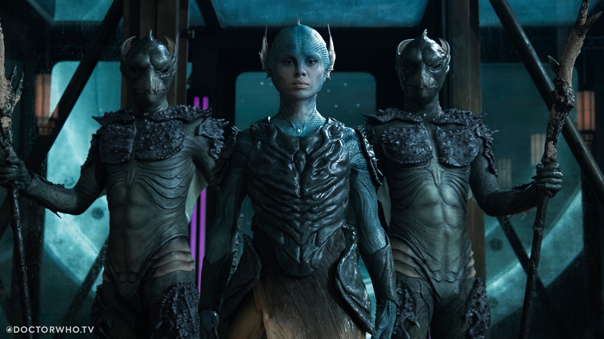 Salt (Gugu Mbatha-Raw), the Homo Amphibian ambassador of Aquakind, flanked by her Homo Aqua guards.