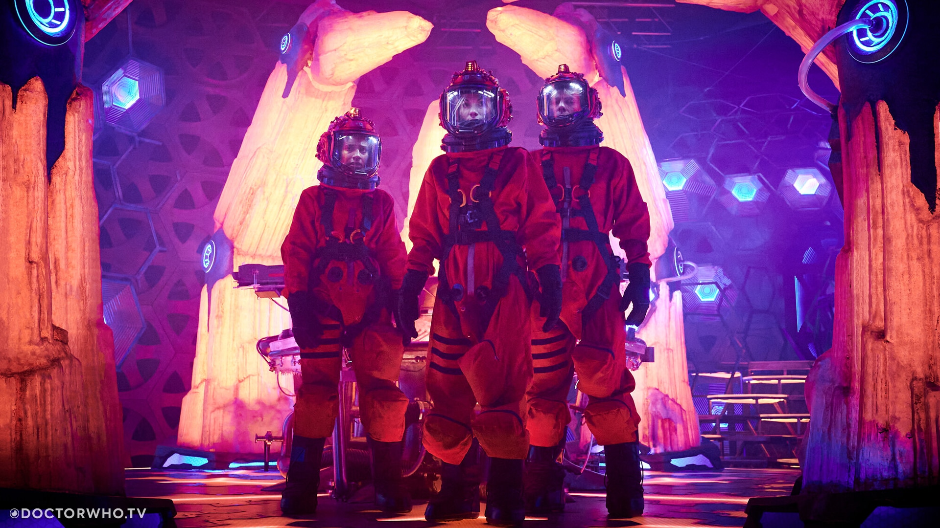 The Doctor (Jodie Whittaker) and companions Dan (John Bishop) and Yaz (Mandip Gill), suited up for space in 'The Power of the Doctor'