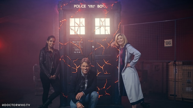 The 'Eve of the Daleks' TARDIS on set with Mandip GIll, John Bishop and Jodie Whittaker.