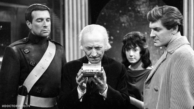 L-R: Nicholas Courtney as Bret Vyon, William Hartnell as the Doctor, Adrienne Hill as Katarina and Peter Purves as Steven Taylor in 'The Daleks' Master Plan'.