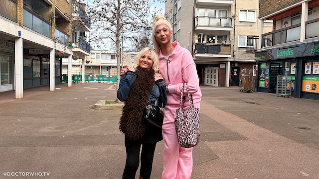 Camille Coduri with Tia Kofi on the Brandon Estate, the location used for the fictional Powell Estate in Doctor Who.