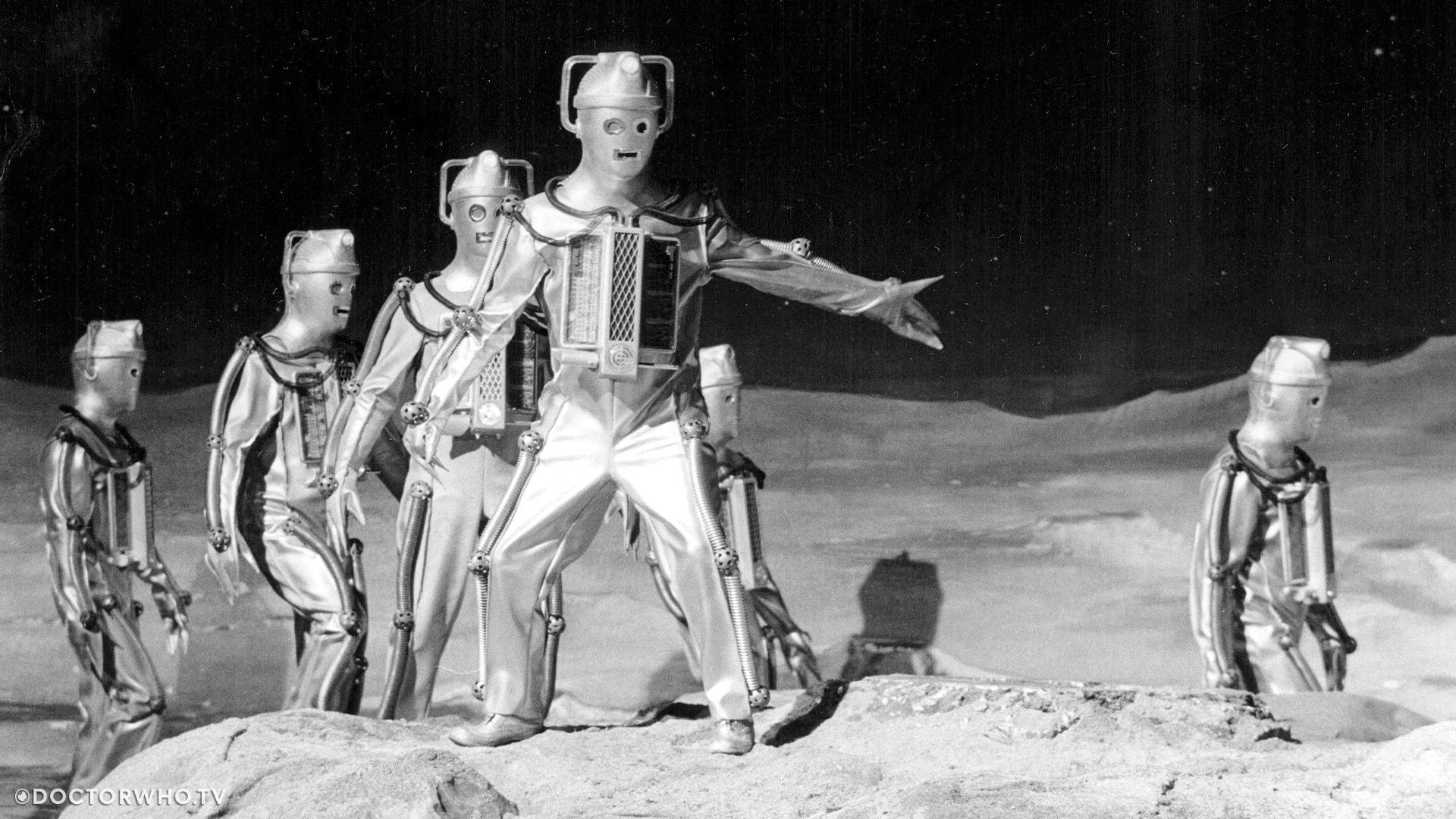 Cybermen tread the surface of the moon in partially missing serial 'The Moonbase'.