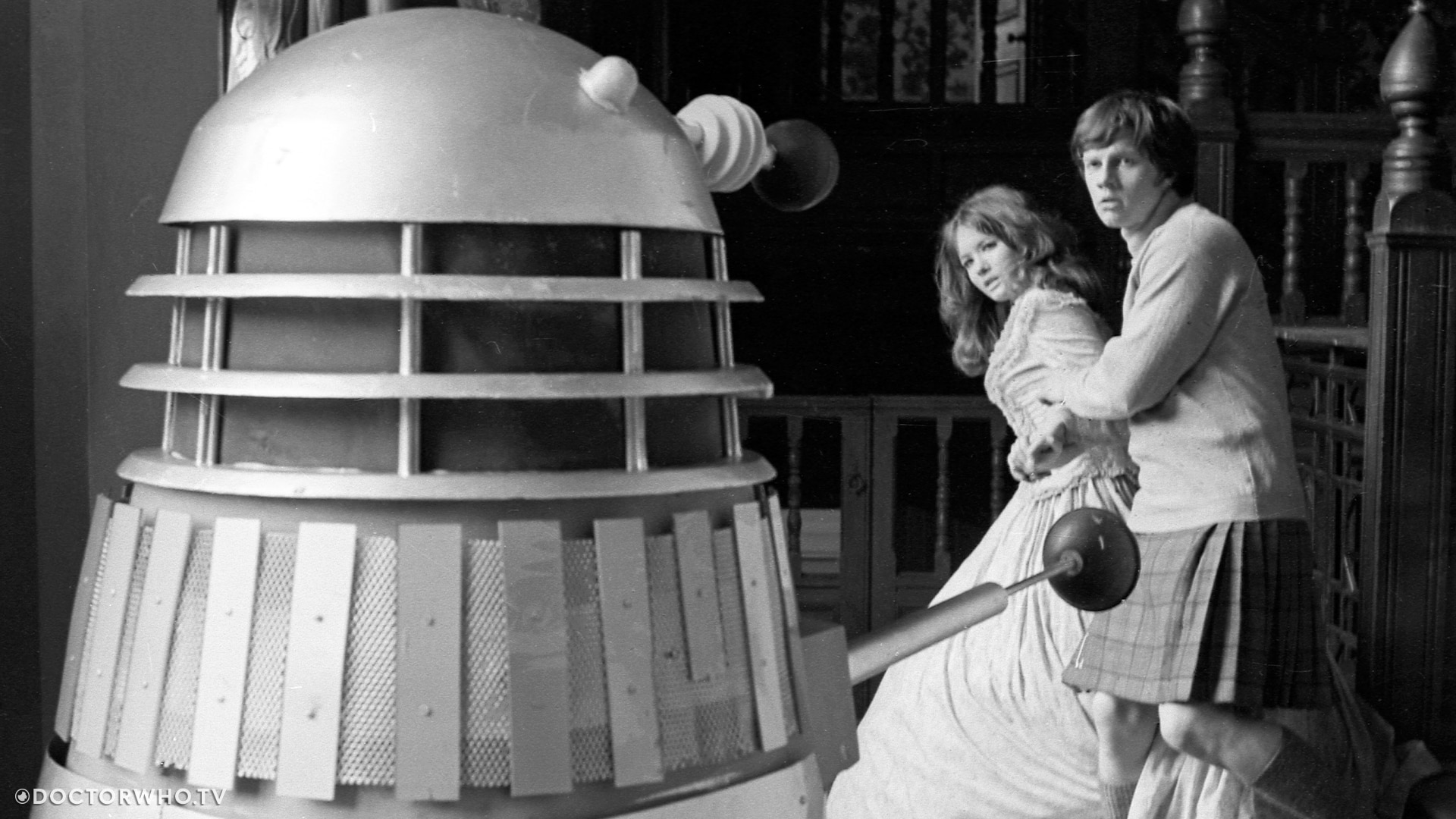 Jamie and Victoria face an approaching Dalek in partially missing serial 'The Evil of the Daleks'.