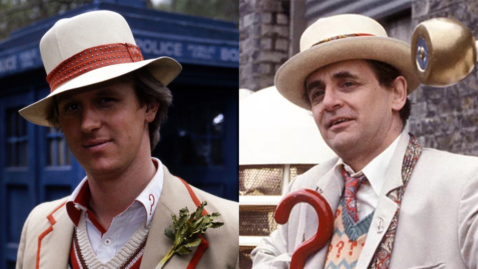 Fifth and Seventh Doctors in hats
