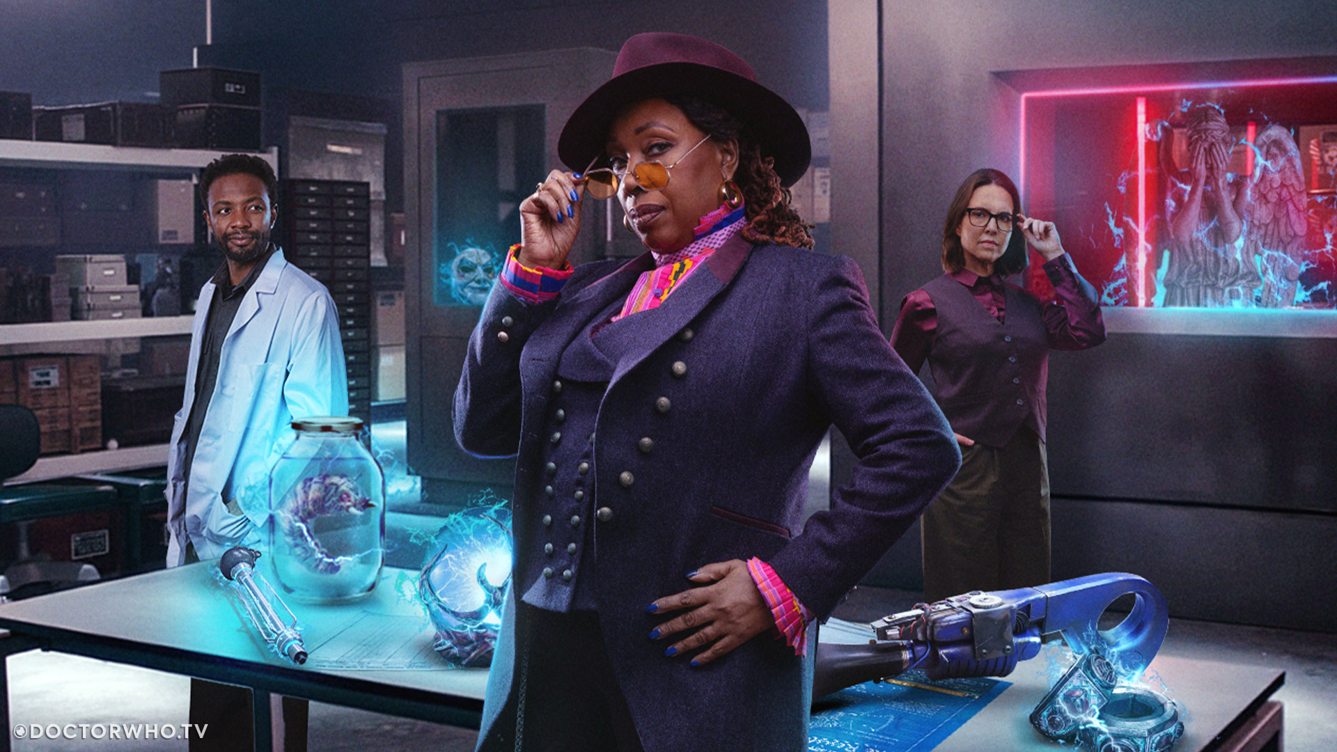 L-R: Omari Douglas as Andrew, Jo Martin as the Doctor and Ingrid Oliver as Osgood in 'CIRCUIT BREAKER: Calling the Doctor'.