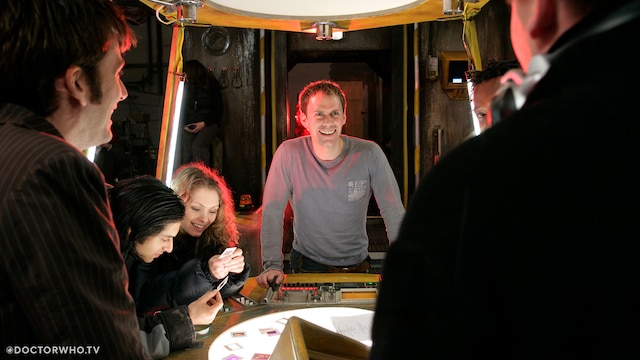 The cast and crew between takes of 'The Impossible Planet'.