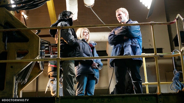 The cast and crew between takes of 'The Impossible Planet'.