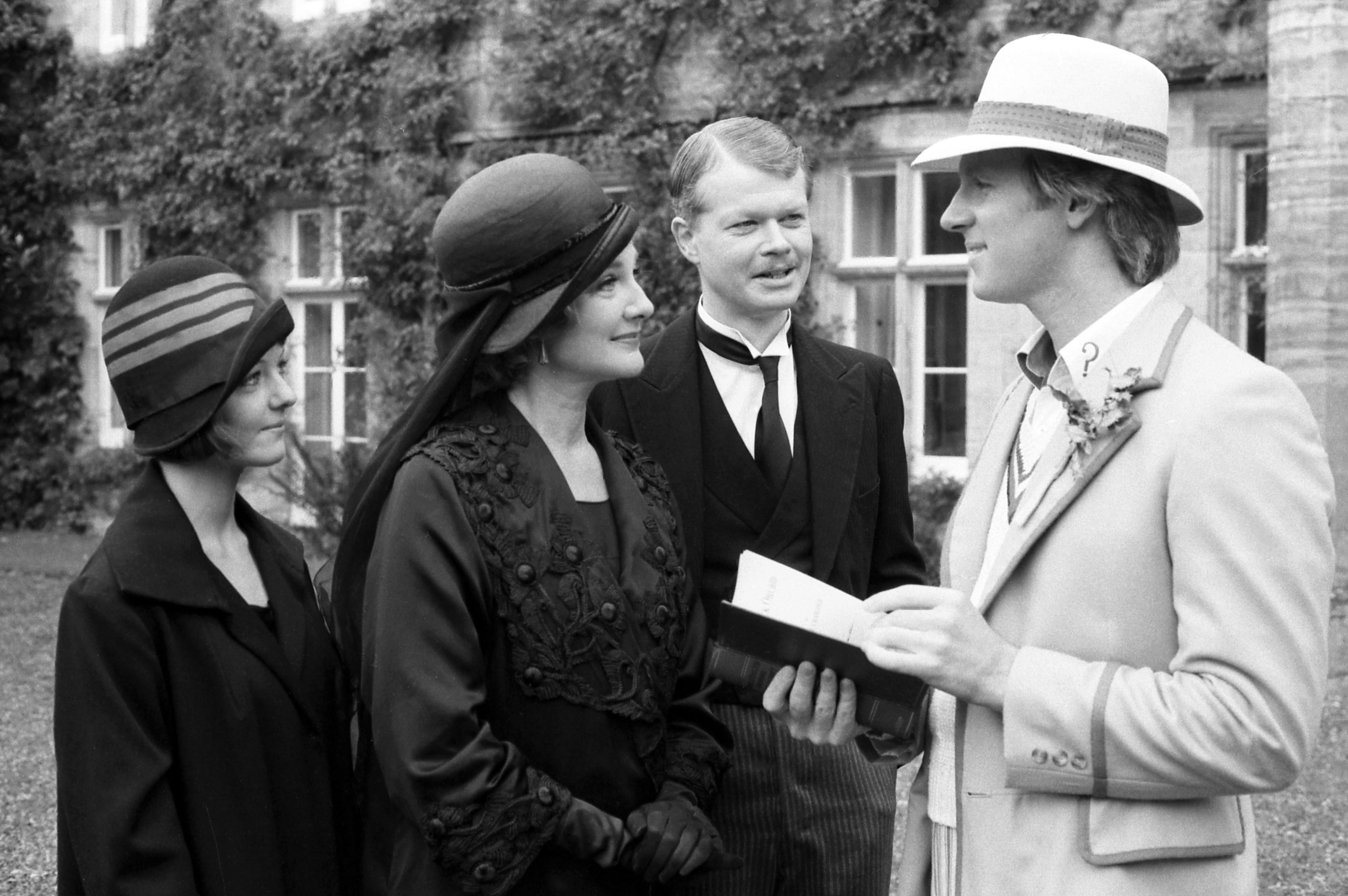 sarah sutton as ann, barbara murray as lady cranleigh, michael cochraine as lord cranleigh and peter davison as the doctor in the two-part adventure black orchid.