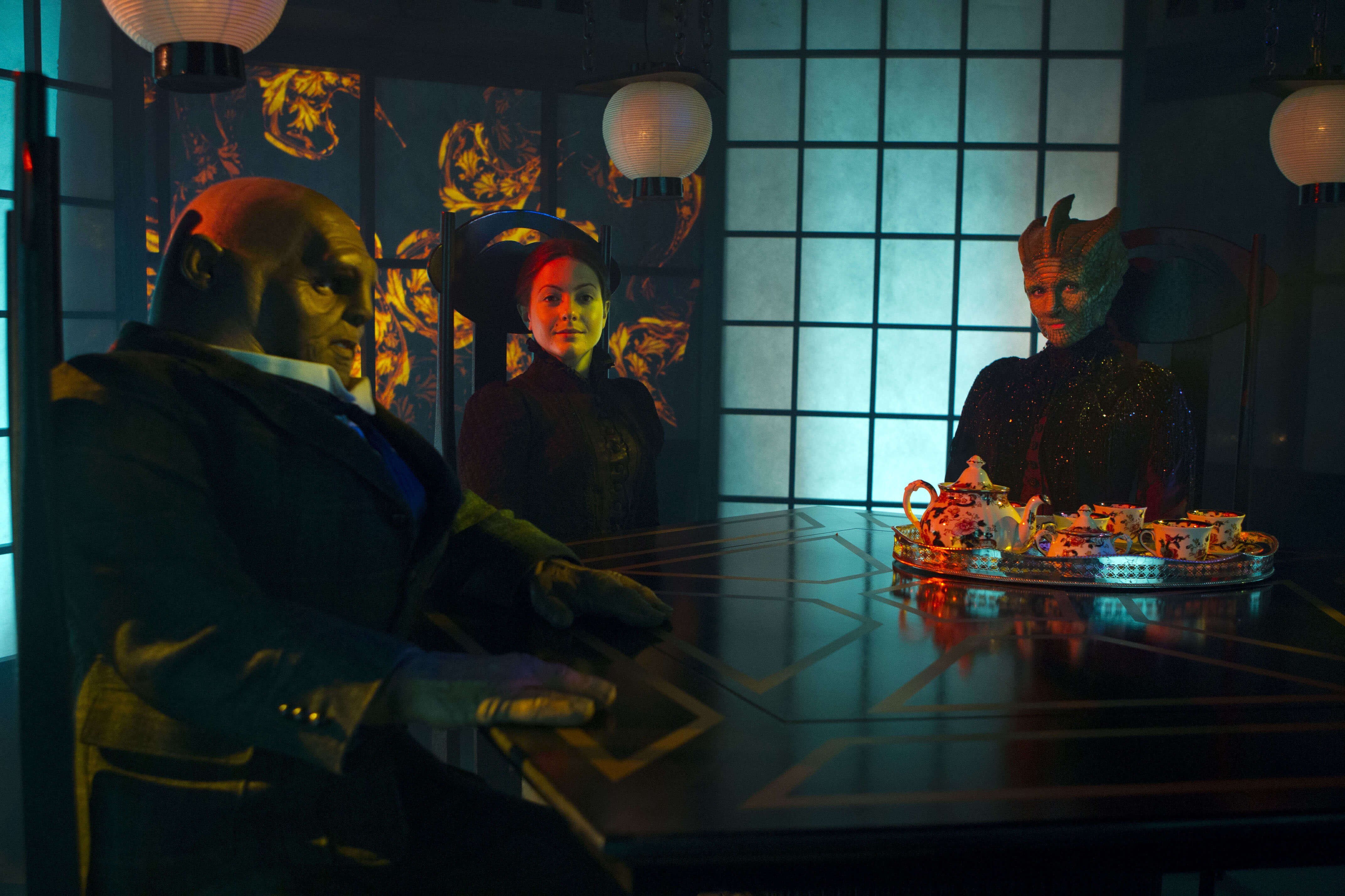 dan starkey as strax, catrin stewart as jenny and neve mcintosh as madame vastra in the name of the doctor (2013).