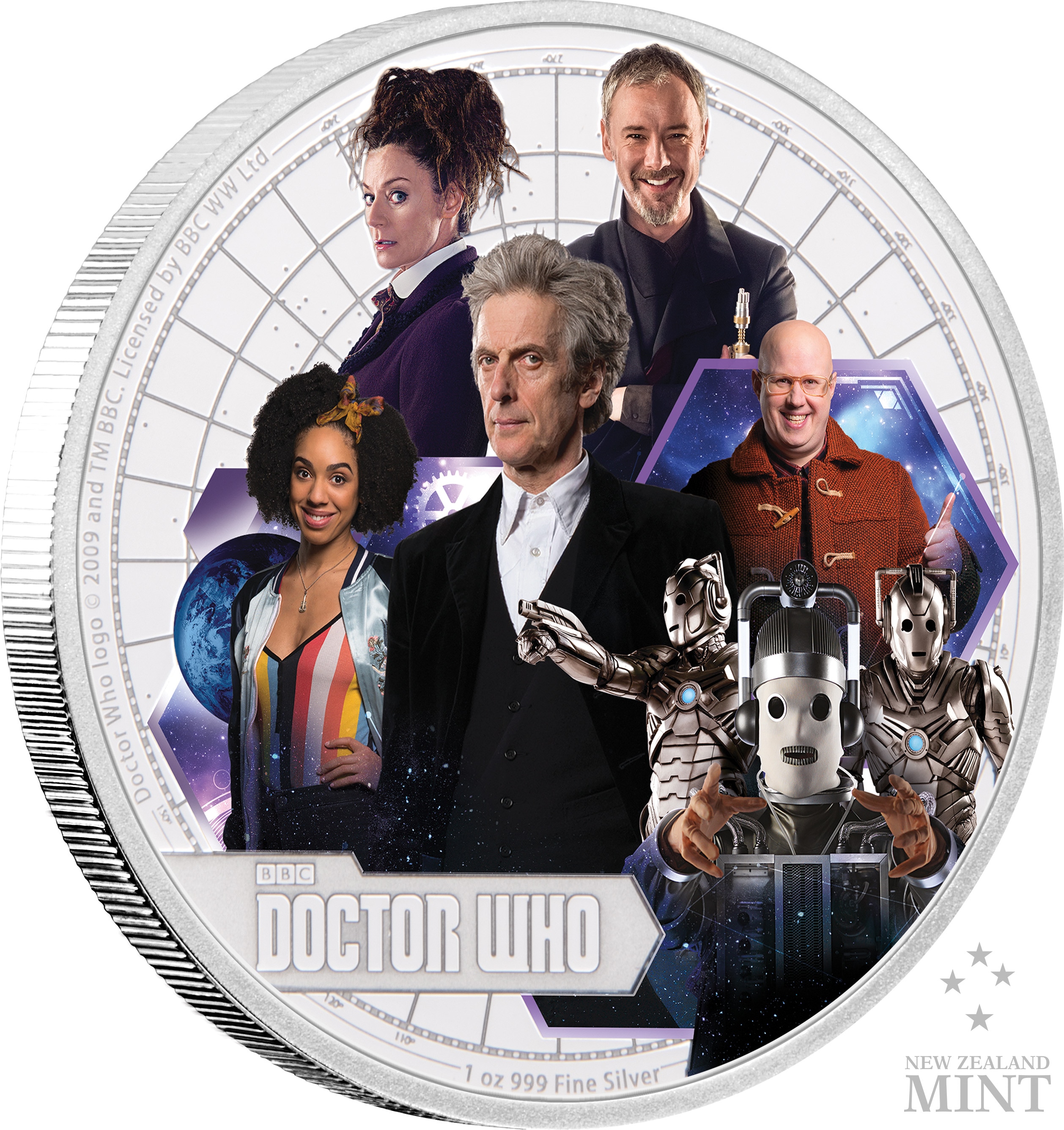 Image of a silver coin with Peter Capaldi, Bill Potts, Missy, The Master, Nardole and the cybermen on it