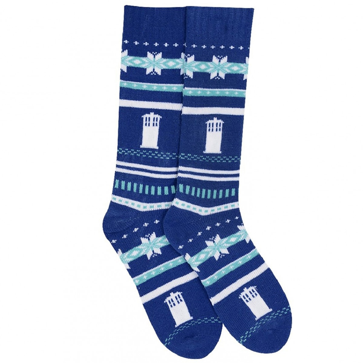 Image of a pair of blue socks with a TARDIS Christmas pattern on them