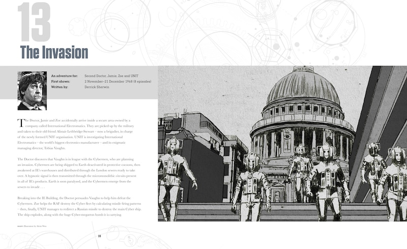 Image of pages from book with text, an image of The Second Doctor and an image of cybermen