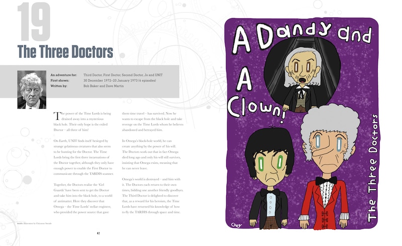Image of pages from book with text and a picture of The First, Second and Third Doctors
