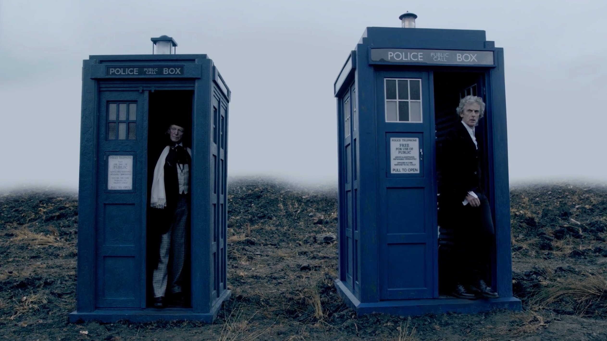 The First and Twelfth Doctors in their TARDISes