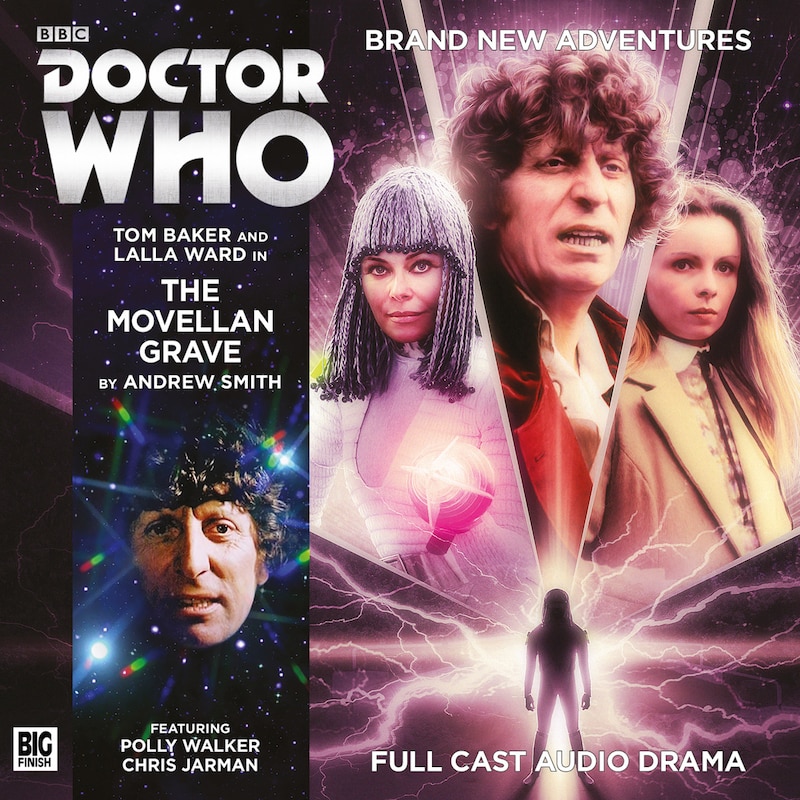 Image of The Fourth Doctor, Romana and a shadowy figure surrounded by purple lightning bolts