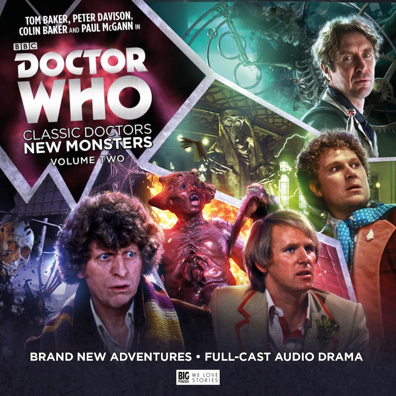 Image of The Fourth, Fifth, Sixth and Eight Doctors surrounded by monsters