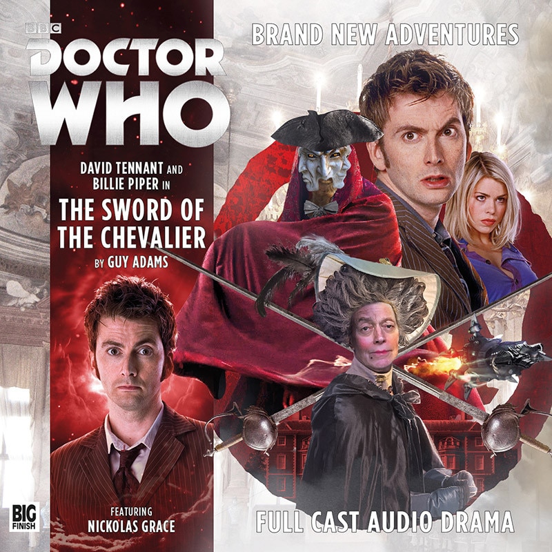 Image of the Tenth Doctor, Rose, swords crossed and a man in a mask