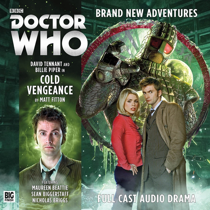 Image of The Tenth Doctor and Billie Piper with a green monster behind them
