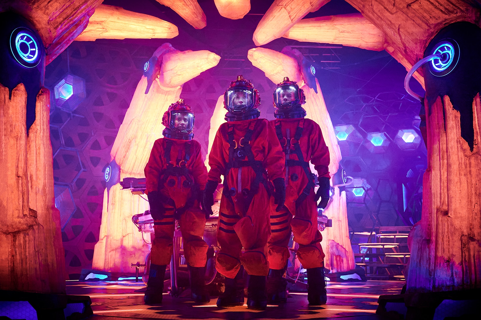 JOhn Bishop, Mandip Gill and Jodie Whittaker in 'The Power of the Doctor', all wearing matching spacesuits