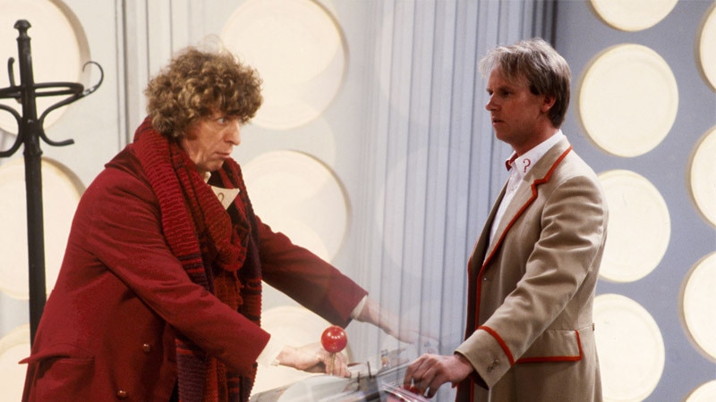 Image of Tom Baker and Peter Davison in the TARDIS