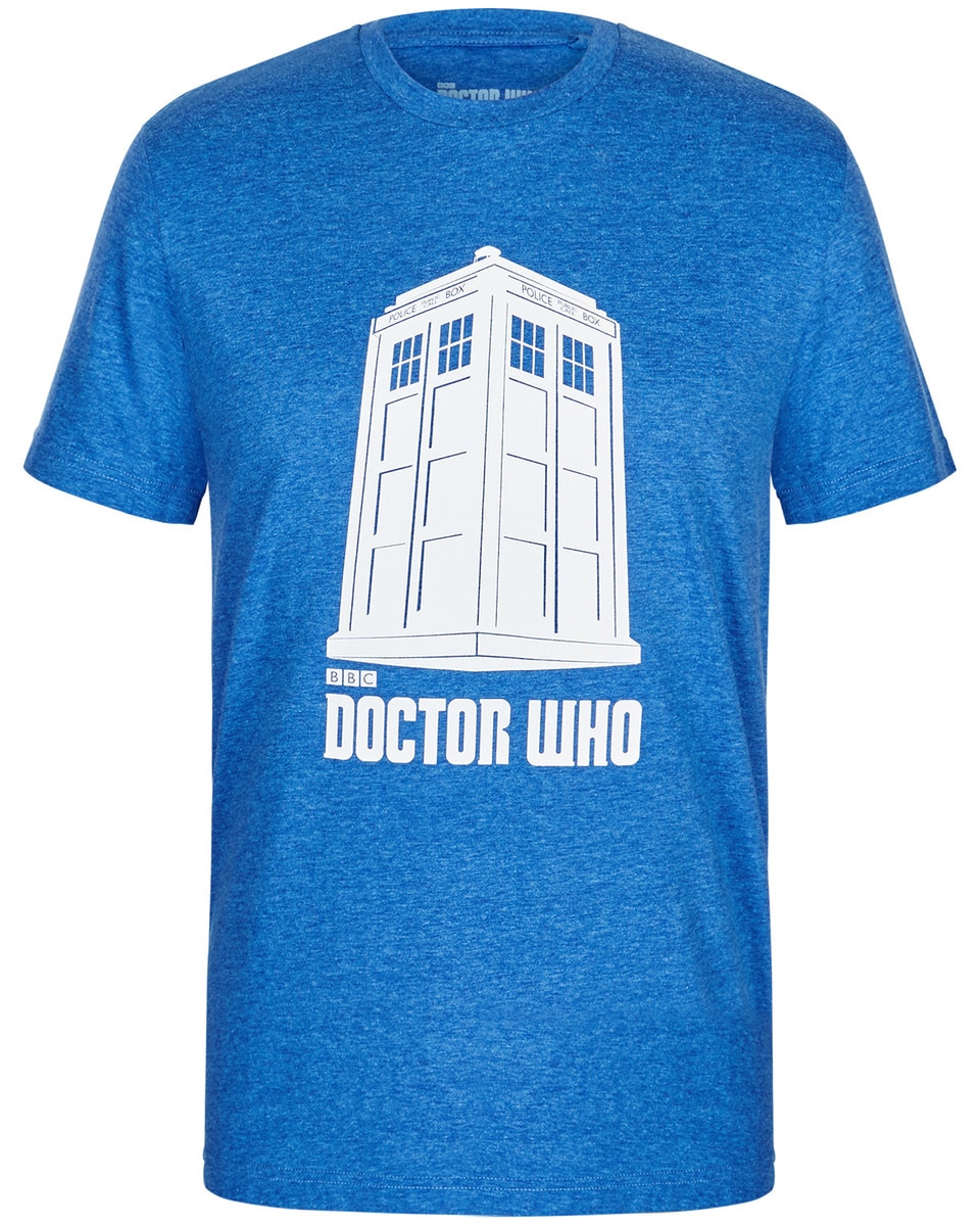 Image of a blue t-shirt with the TARDIS on the front
