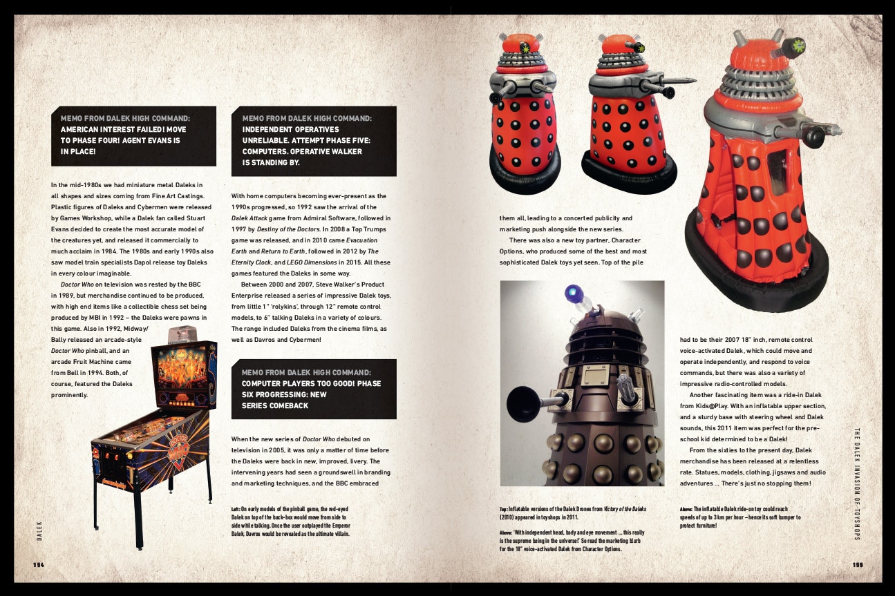 Image of inside of Dalek book with text and pictures of red daleks and a pinball machine