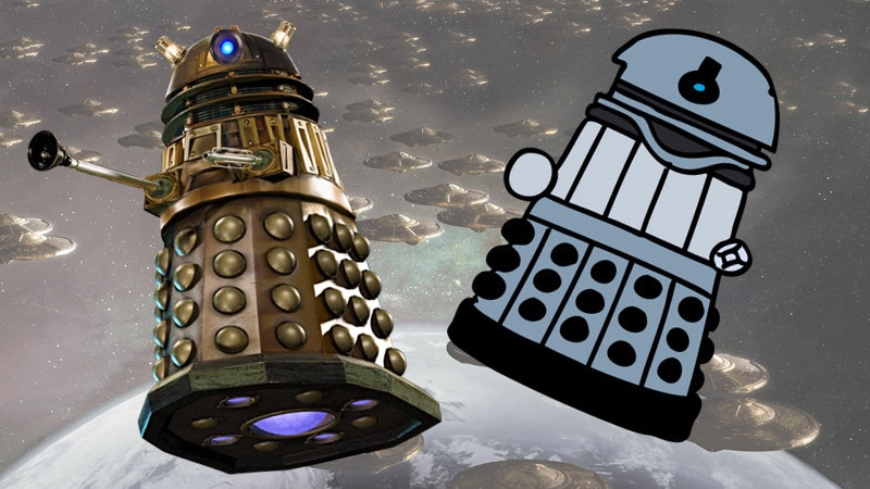 Image of a dalek next to an image of a cartoon Mr Men style dalek, with dalek spaceships in the background