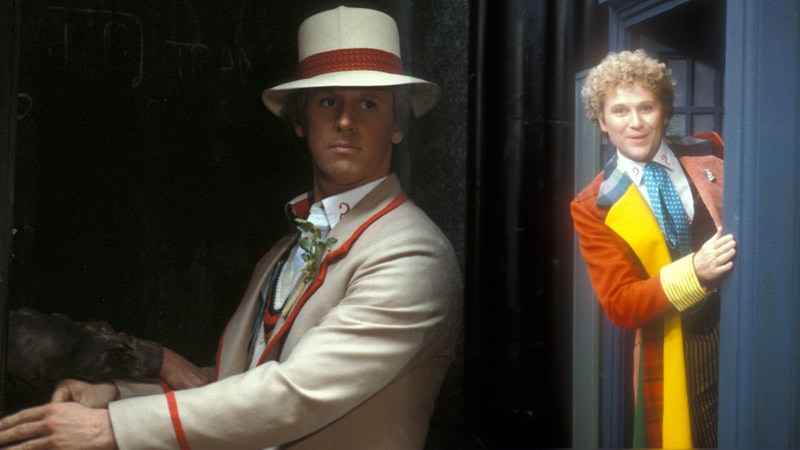 Image of Peter Davison and an image of Colin Baker looking out the door of the TARDIS