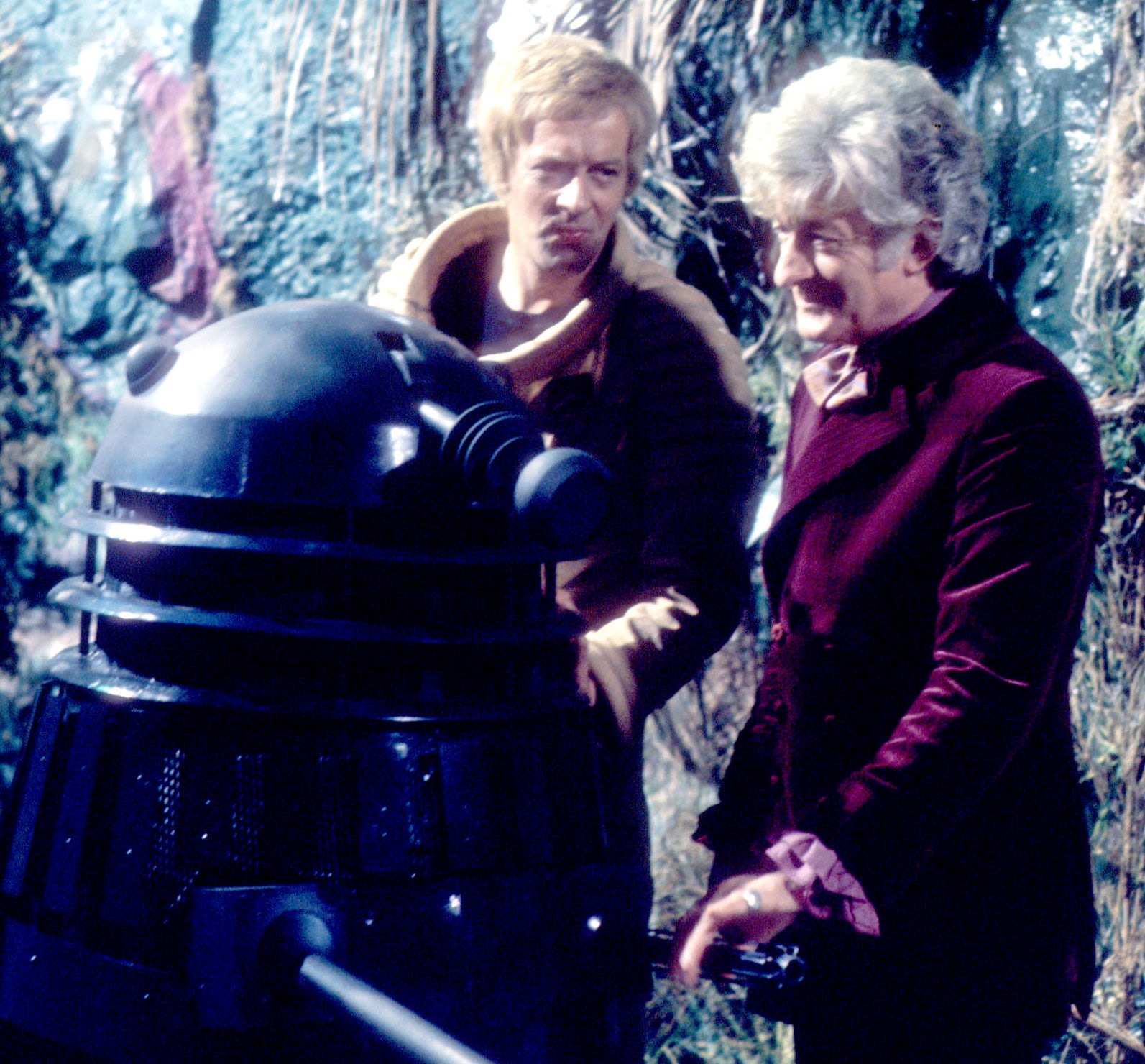Image of Jon Pertwee as The Third Doctor with a dalek