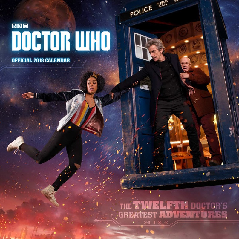 Image of Doctor Who calendar with image of Peter Capaldi and Nardole in the TARDIS with Bill Potts hanging out the door
