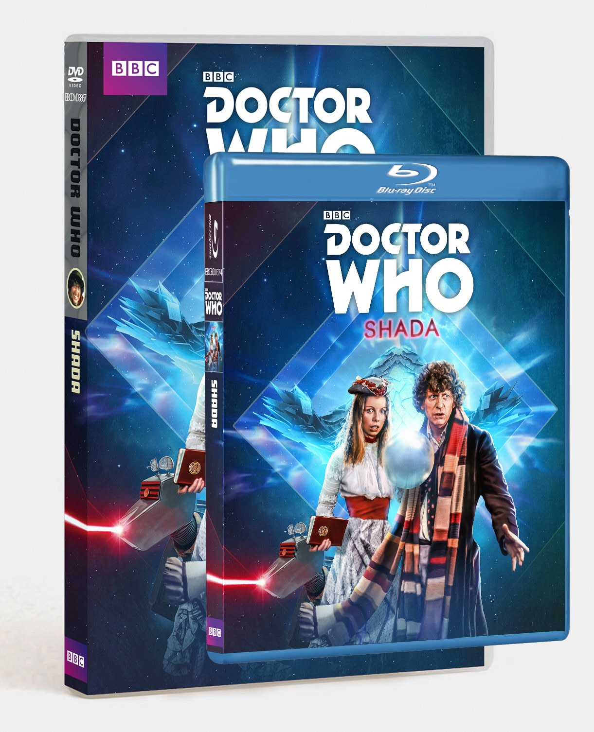 Image of Shada DVD and blu-ray with The Fourth Doctor, Romana 2 and K-9 on the front