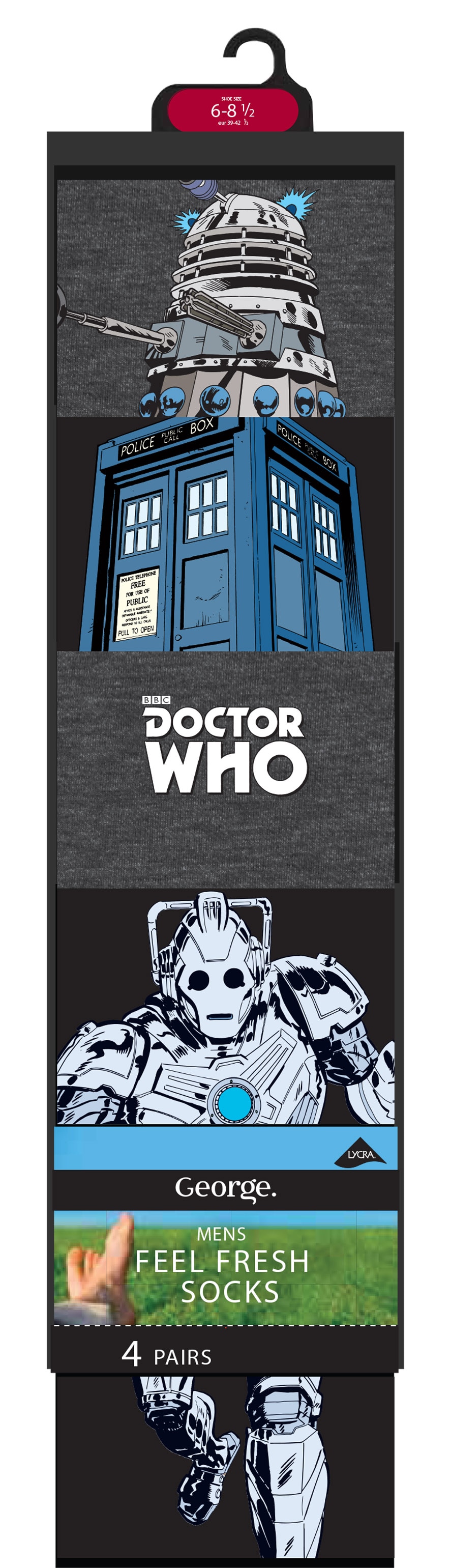 Image of grey and black socks with images of a Dalek, the Tardis and a cyberman on them