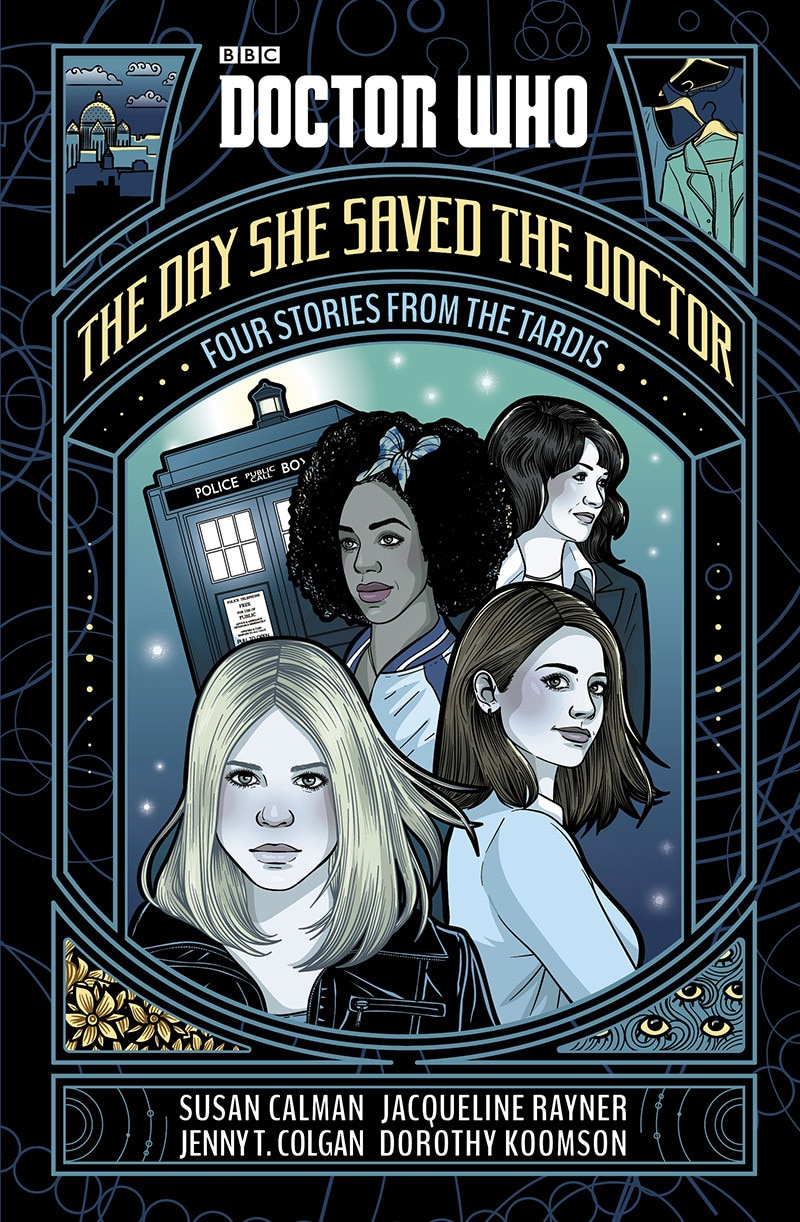 Image of drawing of Clara, Rose, Bill and Sarah Jane Smith with the TARDIS behind them
