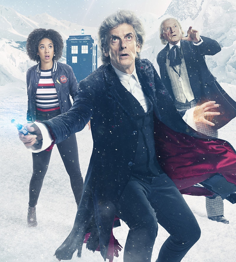 Image of Peter Capaldi as the Twelfth Doctor with Bill Potts and David Bradley as The First Doctor