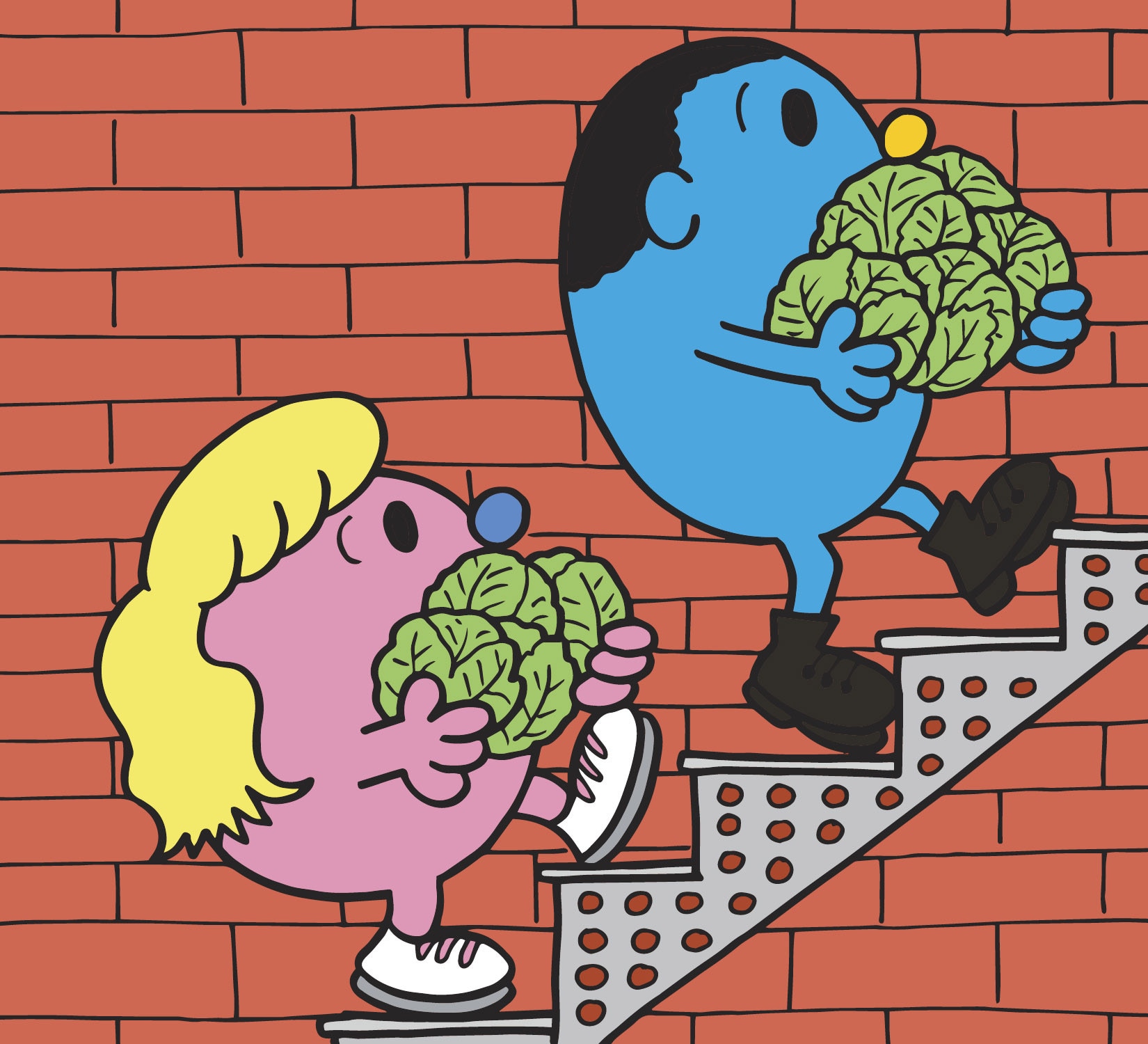 Mr Men and Little Miss walking up stairs with cabbages