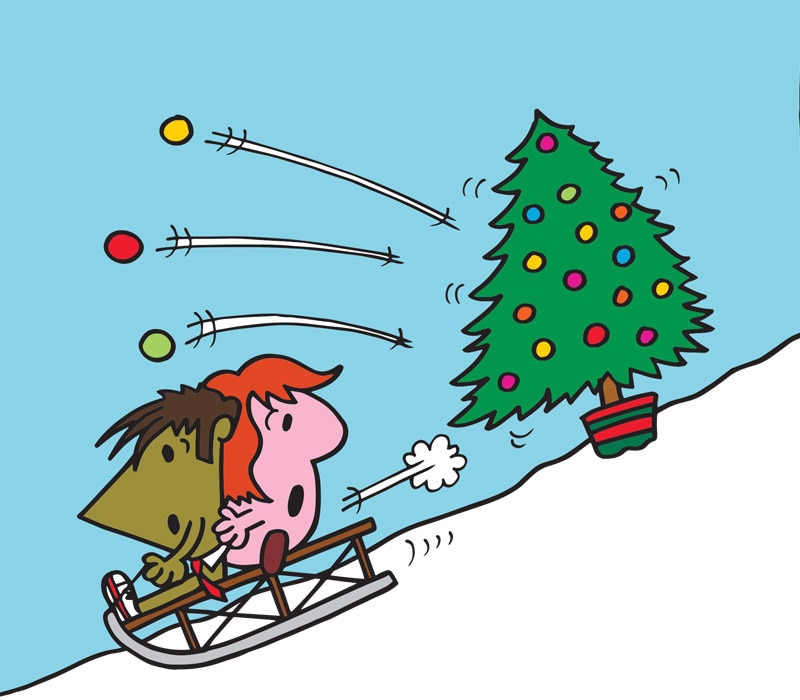 Image of Dr Tenth and Donna on a sled going downhill with a Christmas tree behind them