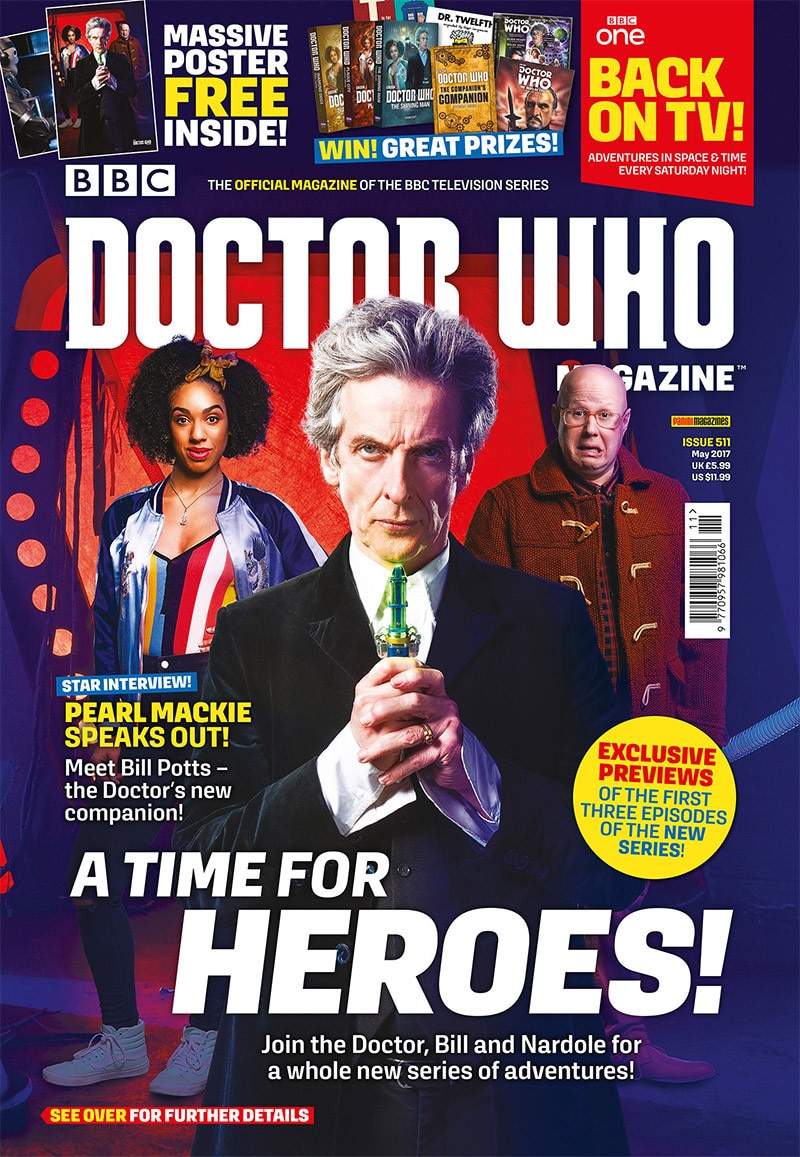 Doctor Who magazine cover featuring Peter Capaldi, Pearl Mackie and Matt Lucas