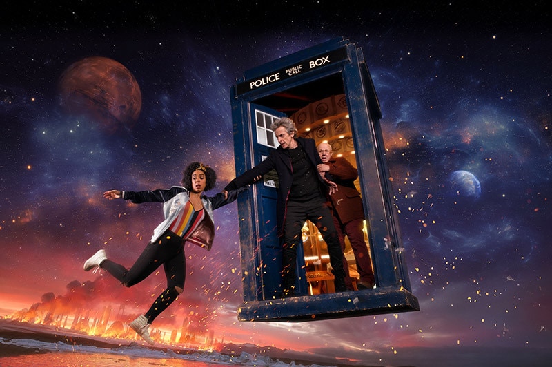 Doctor Who iconic image of The Doctor, Bill Potts and Nardole in the TARDIS