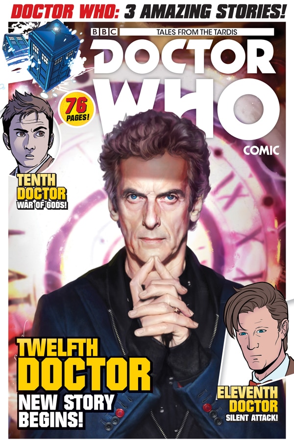 Image of Peter Capaldi as The Twelfth Doctor with cartoon images of the Tenth and Eleventh Doctor on front of magazine