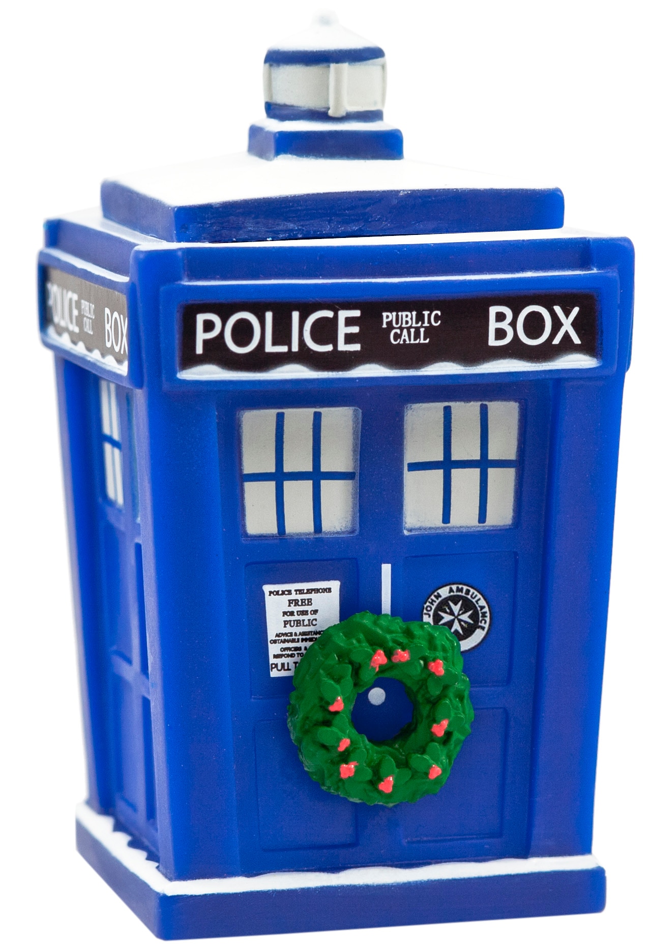 Image of TARDIS figure with a Christmas wreath on the door