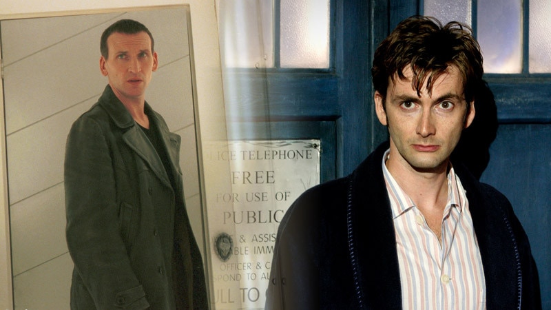Image of Christopher Eccleston next to an image of David Tennant in pyjamas in front of the TARDIS