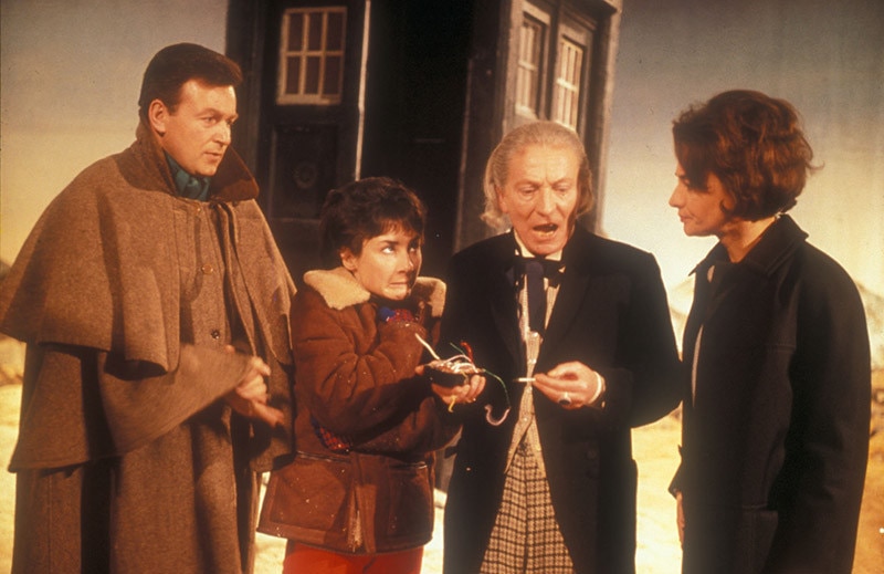 Image of The First Doctor with Susan, Barbara and Ian in front of the TARDIS