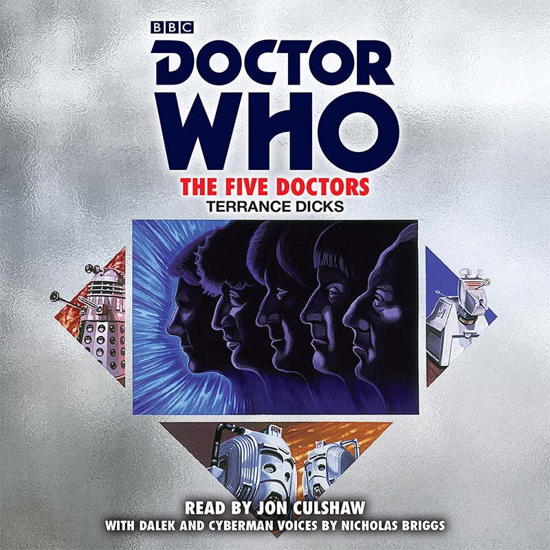 Image of the silhouettes of the first five Doctors with images of a Dalek, cybermen and K9